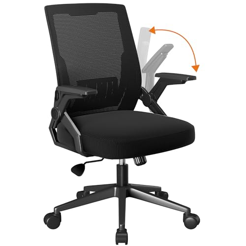 COMHOMA Office Chair with Flip-up Armrests Ergonomic Computer Desk Chair Foldable Mesh Task Chair with Wheels Adaptive Lumbar Support Swivel Tilt Comfortable Study Chair, Black (Seat Depth 20") -