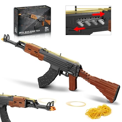 Building Block Gun for Adults, 1: 1 AKM-47 Model Gun That Shoot Rubber Band Educational Toys DIY Assembling Building Toys Set for Boys Age 14+, Collectible Gift for Military Weapon Toy Lovers,1166Pcs -