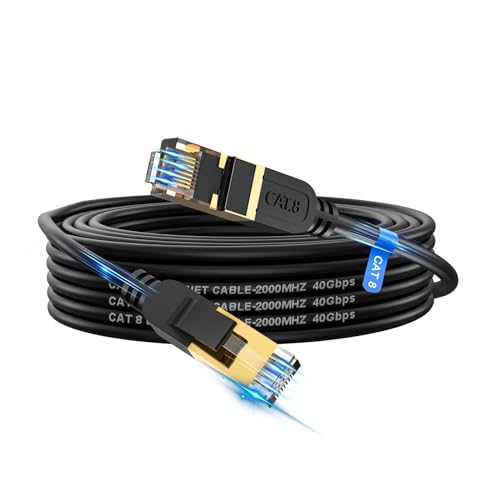 Cat 8 Ethernet Cable, 25FT High Speed Heavy Duty 26AWG Cat8 LAN Network Cable 40Gbps, 2000Mhz with Gold Plated RJ46 Connector, Outdoor&Indoor Internet Cable Compatible for Router Gaming Modem Xbox -