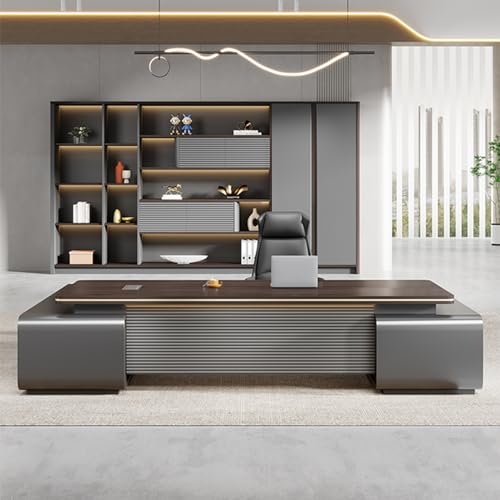 LSIGHTUS Brown L Shaped Executive Office Desk Computer Desk with Lateral Cabinet Writing Study Table Business Furniture Set for Home Office -