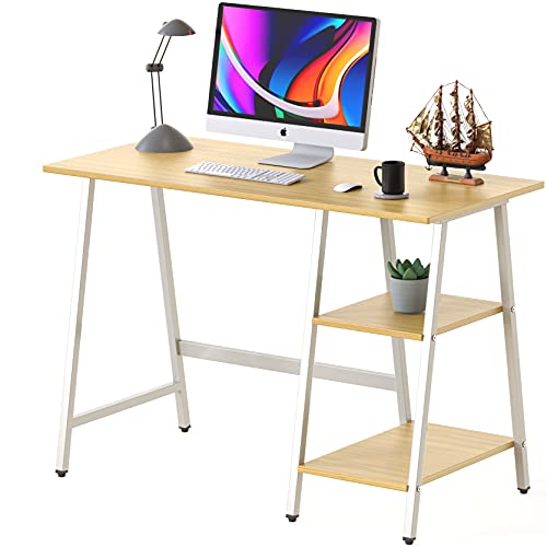 SHW 43-Inch Home Office Trestle Computer Desk with Open Storage Shelves, Oak -