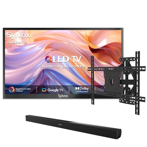 SYLVOX Outdoor TV with Soundbar & Wall Mount & Cover, 65 inch Smart QLED TV, 2000 Nit Full Sun, Weatherproof, 4K UHD, IP55 Waterproof, Commercial Grade (2024 Model) -