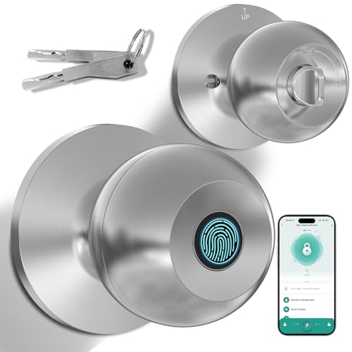 Usteetic Smart Door Knob, Fingerprint Door Locks for Bedrooms with App Control & Key, Type-C Port Emergency Charging, Biometric Lock Suitable for Front Door, Home, Apartment, Office (Silvery) -