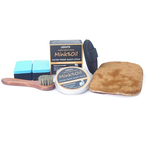 LIDOUTS Mink Oil 6 Pcs Leather Conditioner Cleaner Kit Natural Formula 3.5 oz Waterproof Soften Restore Shoes Polished Velvet Gloves EVA Sponge Horsehair Brush (Kit B) -