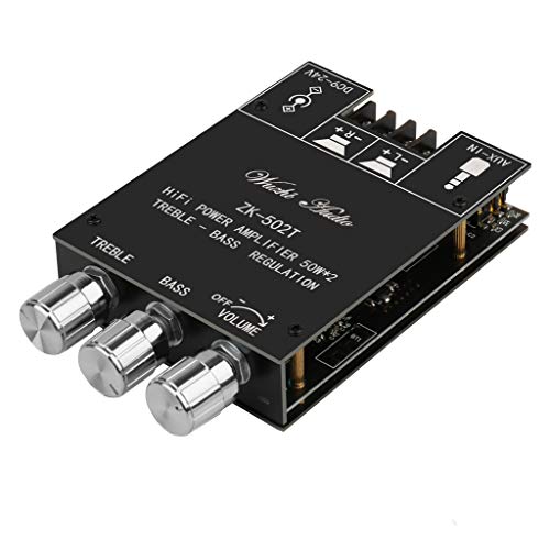 ZK-502T Power Amp Bluetooth 5.0 Audio Amplifiers Board 2.0 Channel 50W+50W AUX BT DC12-24V Mini Stereo Amplifier Module with Treble and Bass for DIY Home Speakers -