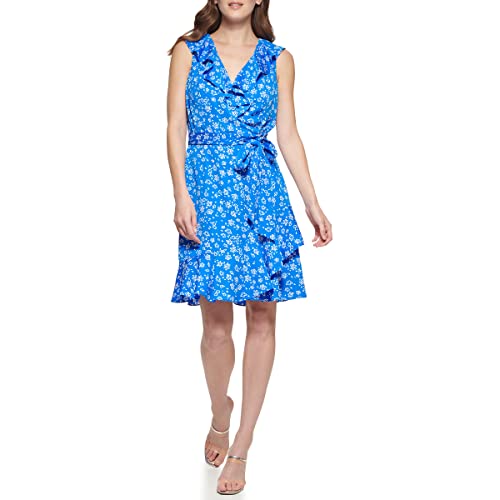 DKNY Women's Ruffle Faux Wrap Dress, Cobalt/Beige, 10 -
