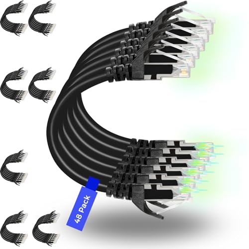 Rapink Patch Cables Cat6 1ft (48 Pack), Ethernet Patch Cable 10G, Cat 6 Patch Cable for Patch Panel to Switch, Flexiable Cat 6 Ethernet Cable with Gold Plated Black -
