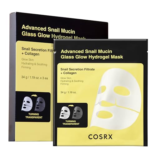 COSRX Advanced Snail Mucin Glass Glow Hydrogel Face Masks Skincare 3 EA, Collagen Face Mask, Travel Essentials, Overnight Face Mask, Korean Skin Care -