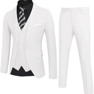 COOFANDY Men's 3 Piece Slim Fit Suit Set One Button Jacket Blazer Vest Pants Set Wedding Formal Prom Tuxedo Suits White -