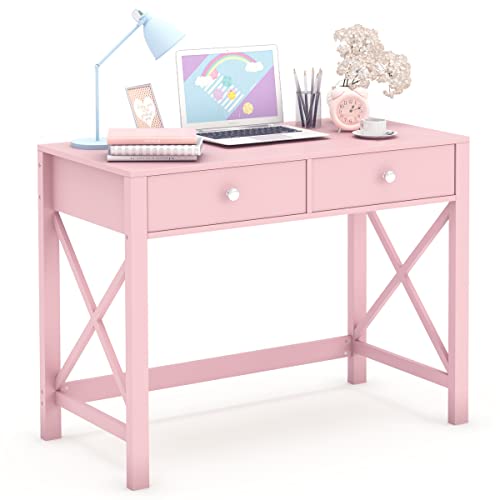 WiberWi Home Office Desk with Drawers, Modern Writing Computer Desk for Bedroom, Small Pink Makeup Vanity Table for Girls, Study Table for Home Office -