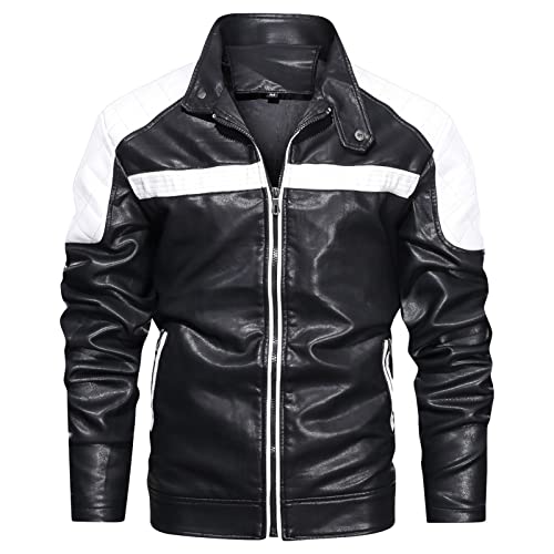 DGHM-JLMY Men's Pu Leather Stitching Motorcycle Jacket Stand-Up Collar Moto Leather Racing Suit Season Riding Pu Jacket (White,3X-Large) -