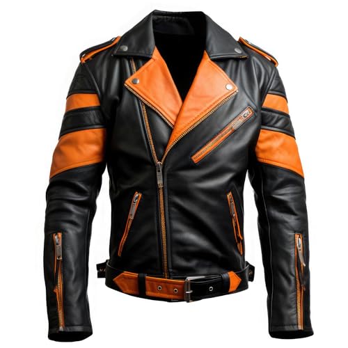 Men’s Black and Orange Genuine Leather Motorcycle Biker Jacket – Stylish Riding Outerwear (US, Alpha, Medium, Regular, Regular, Black and Orange Combination) -