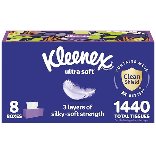 Kleenex Ultra Soft Facial Tissues, 8 Flat Boxes, 180 Tissues per Box, 3-Ply, Packaging May Vary -