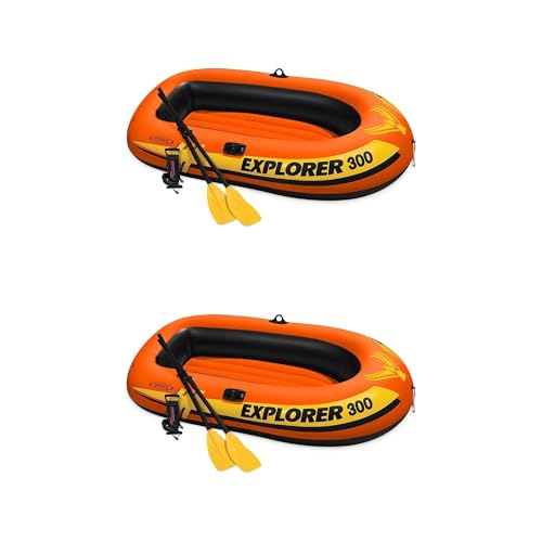 Intex 58332EP Explorer 300 Inflatable Boat Set: Includes Deluxe Boat Oars and Mini Hand Pump – Dual Air Chambers – Grab Rope – 3-Person – 410lb Weight Capacity, 2 Pack -