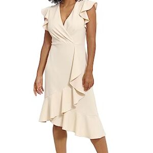 London Times Women's Feminine Ruffle Sleeve V-Neck Polished Career Crepe Wrap Dress with Asymmetrical Hem, Horn -