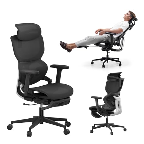 Motostuhl Q3-MT Ergonomic Office Chair with Footrest Home Office Ergonomic Chair with Soft Rubber Lumbar Support Extra Large 2D Headrest & 3D Armrest 140° Tilting Mesh Computer Chair -