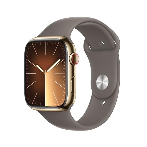Apple Watch Series 9 [GPS + Cellular 45mm] Smartwatch with Gold Stainless Steel Case with Clay Sport Band S/M. Fitness Tracker, Blood Oxygen & ECG Apps, Always-On Retina Display -