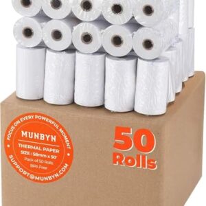 MUNBYN 2 1/4" x 50' Thermal Paper (50 Rolls), BPA Free Receipt Paper, 58mm Thermal Receipt Papers Fits All 58mm Thermal POS Printer, Square Terminal Credit Card Machines thick enough printers clearly -