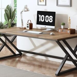 HSH Rustic Long Computer Desk, Industrial Large Wood Metal Office Table, Writing Work Study Station, Farmhouse Workstation Gaming Executive for 2 Person, Rustic Oak, 70 Inch -