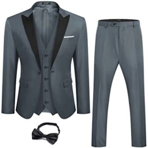 COOFANDY Mens Suits 3 Piece Casual Suit Jacket Regular Fit Tuxedo Set for Wedding Dinner Prom Dark Grey -
