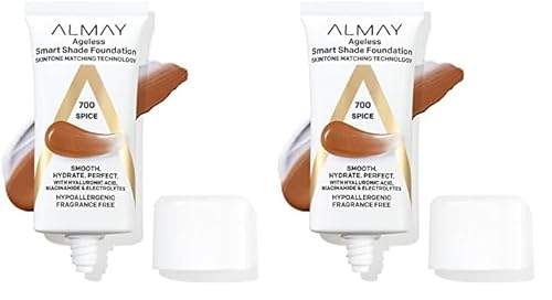 Almay Anti-Aging Foundation, Smart Shade Face Makeup with Hyaluronic Acid, Niacinamide, Vitamin C & E, Hypoallergenic-Fragrance Free, 700 Spice, 1 Fl Oz (Pack of 2) -