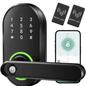 Smart Keypad Door Lock with Handle, Keyless Entry Digital Door Lock for Front Door, Fingerprint Electronic Door Knob with App, Security Lever for Bedrooms, Apartment, Local Data Storage, Black -