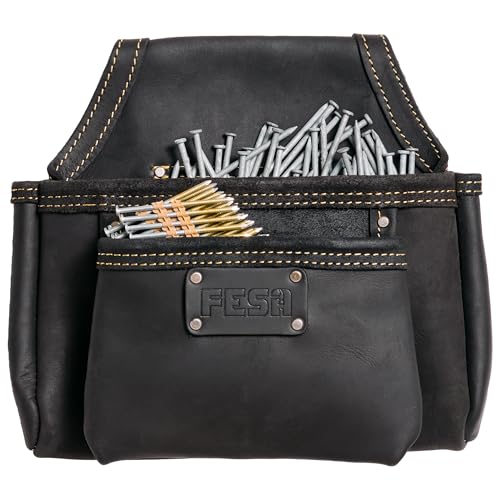 FESA 2 Pocket Nail Pouch for Tool Belts - Heavy Top Grain Leather Screw Pouch with 2 Extra Large Pockets for Fasteners - Heavy Duty Rivets & Stitching - Fits Tool Belts up to 3" - Handcrafted (Black) -