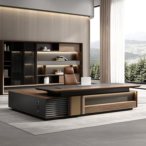 DLCQIJI Brown L Shaped Executive Office Desk Computer Desk with File Drawers Writing Study Table Business Furniture Set for Home Office -