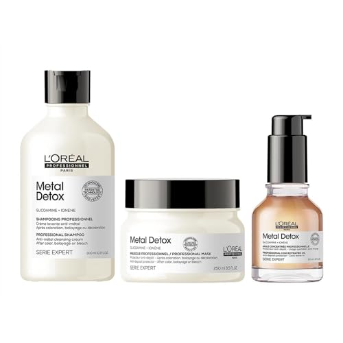 L’Oreal Professionnel Metal Detox Shampoo, Mask & Oil Set - Detoxifies, Prevents Damage & Prolongs Hair Color With Shine, For Damaged or Color-Treated Hair -