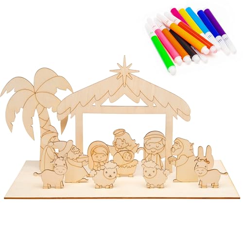 Haooryx Nativity Wood Art Craft - 15Pcs 3D Scene Storytelling Christmas Color Your Own Xmas Decorations - Celebrate The Birth Party Game Christian Birthday Gift -