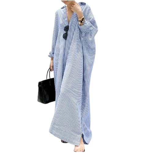 Stripe Shirt Maxi Dresses for Women,Button Down Shirt Dress for Womens,Loose Fit Flowy Side Slit Stripes Maxi Shift Dress (Blue,XX-Large) -