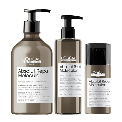 L'Oreal Professionnel Absolut Repair Molecular Hair Care Set - Sulfate-Free Shampoo, Rinse-Off Serum & Leave-In Mask For Extremely Dry Damaged Hair, With Peptide Bonder & Amino Acids -