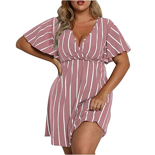 Womens Casual Sun Summer Dresses Plus Size Wrap V Neck Ruffle Hem A Line Short Dress Striped Print Short Sleeve Dress Pink -