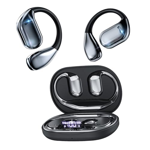 Open Ear Bluetooth 5.4 Headphones: IP55 Waterproof Sport Earbuds with Touch Control & LED Display, Ergonomic Air Silicone Ear Hooks for Secure Fit. Directional Audio for Running, Cycling and Workouts -