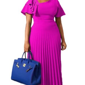 AOMEI Women's Rose Short Sleeve Asymmetrical Ruffles High Waist Pleated Hem Midi Spring Dress (1XL,X-Large) -