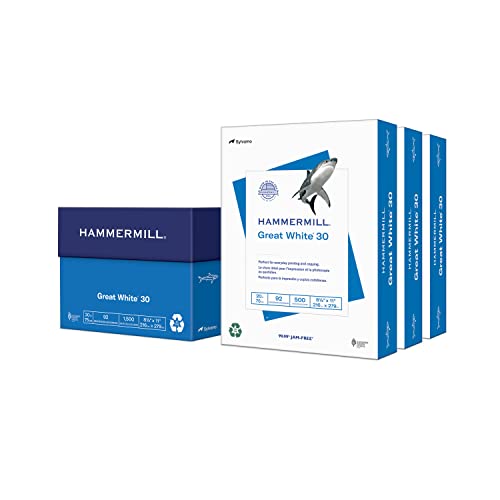 Hammermill Printer Paper, Great White 30% Recycled Paper, 8.5 x 11 - 92 Bright, Made in the USA, 086820C - 3 Ream (1,500 Sheets) -