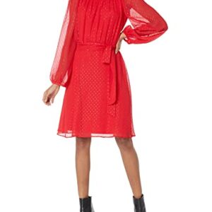 DKNY Women's Balloon Sleeve Ruffled w/Belt Dress, ELGN RED/GLD/SLV, 10 -