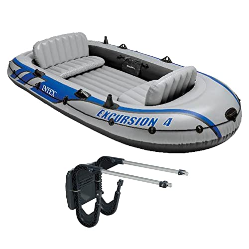 Intex Excursion 4 Inflatable 4 Person Fishing Boat Raft Set with Motor Mount Kit for Rivers and Lakes (Motor Not Included) -