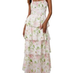 Wenrine Womens Summer Floral Maxi Dresses Sleeveless Spaghetti Strap Tie Back Ruffle Tiered Flowy Dresses -