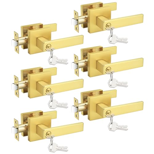 Probrico 6 Pack Gold Entry Door Lever Lock,Antique Brass Heavy Duty Interior Front Door Handles with Key, Entrance Exterior Lockset Each with 3 Same Keys -