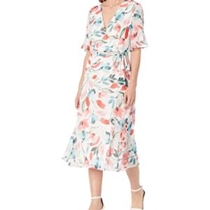 DKNY Short Sleeve Tie Wrap Dress Print 7854/Ivory/Melon Multi 10 -