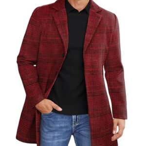 COOFANDY Men Wool Dress Coat Slim Fit Mens Wool Trench Coat Top Coat Men's Stylish Dress Coat Mens Trench Coats Red Plaid M -