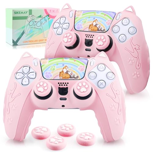 SIKEMAY PS5 Controller Skin 2 Pack, Cute Cat Paw PS5 Controller Cover Case Anti-Slip PS5 Accessories Silicone Skin Protective Controller Grip for Playstation 5 DualSense with 4 Thumb Grip Caps (Pink) -