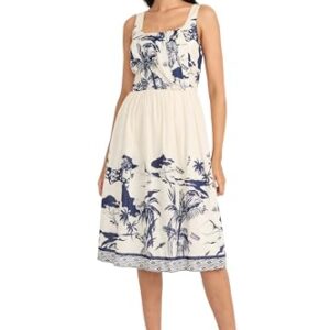 Maggy London Women's Square Neck Sleeveless A-Line Midi-Thick Strap Gathered Waist-Summer Wedding Guest Dress, Ivory/Navy -