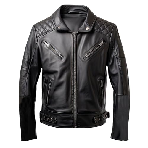 Men's Black Genuine Sheepskin Diamond Quilted Shirt Collar Riding Zip-up Sleek Sporty Soft Moto Leather Jacket (US, Alpha, X-Large, XX-Large, Regular, Regular, BLACK) -