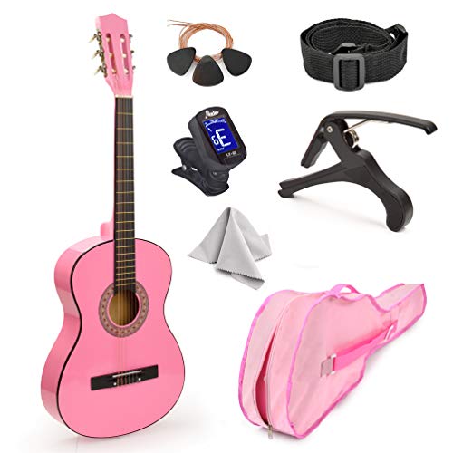 30" Wood Classical Guitar with Case and Accessories for Kids/Girls/Boys/Beginners (Pink) -