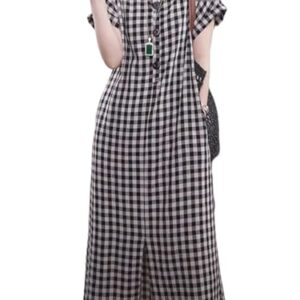 utcoco Women's Summer Short Sleeve Gingham Dress Button V Neck Loose Casual Plaid Long Dress with Pockets (Large, Black) -