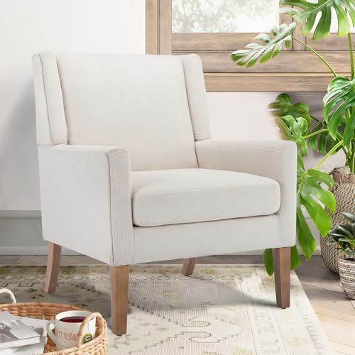 COLAMY Modern Wingback Living Room Chair, Upholstered Fabric Accent Armchair, Single Sofa Chair with Lounge Seat and Wood Legs for Office/Bedroom/Reading Spaces, Beige -
