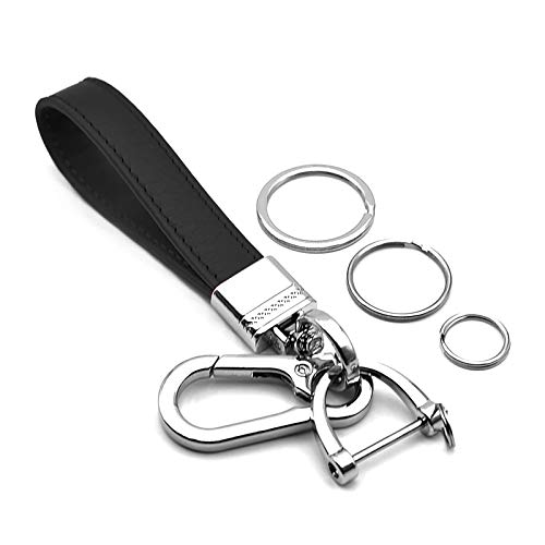 INFIPAR Multifunctional Car and Home Keychain Black Genuine Leather Key Chain and Metal Key Rings for Men Women, with 360 Degree Rotatable Snap Swivel and Anti-lost Screw -