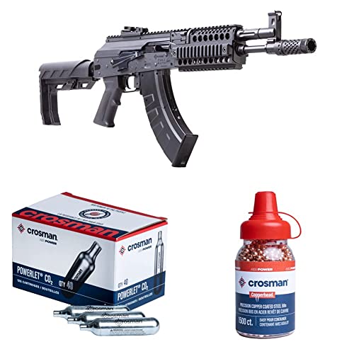 Crosman CAK1 Full or Semi-Auto CO2-Powered 4.5mm BB Air Rifle, Black + Crosman 12gm CO2 Powerlet Cartridges + Crosman Copperhead 4.5mm Copper Coated BBS in EZ-Pour Bottle (1500-count) -